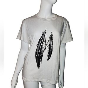 Women's White T-Shirt with Black Feather Print Size S